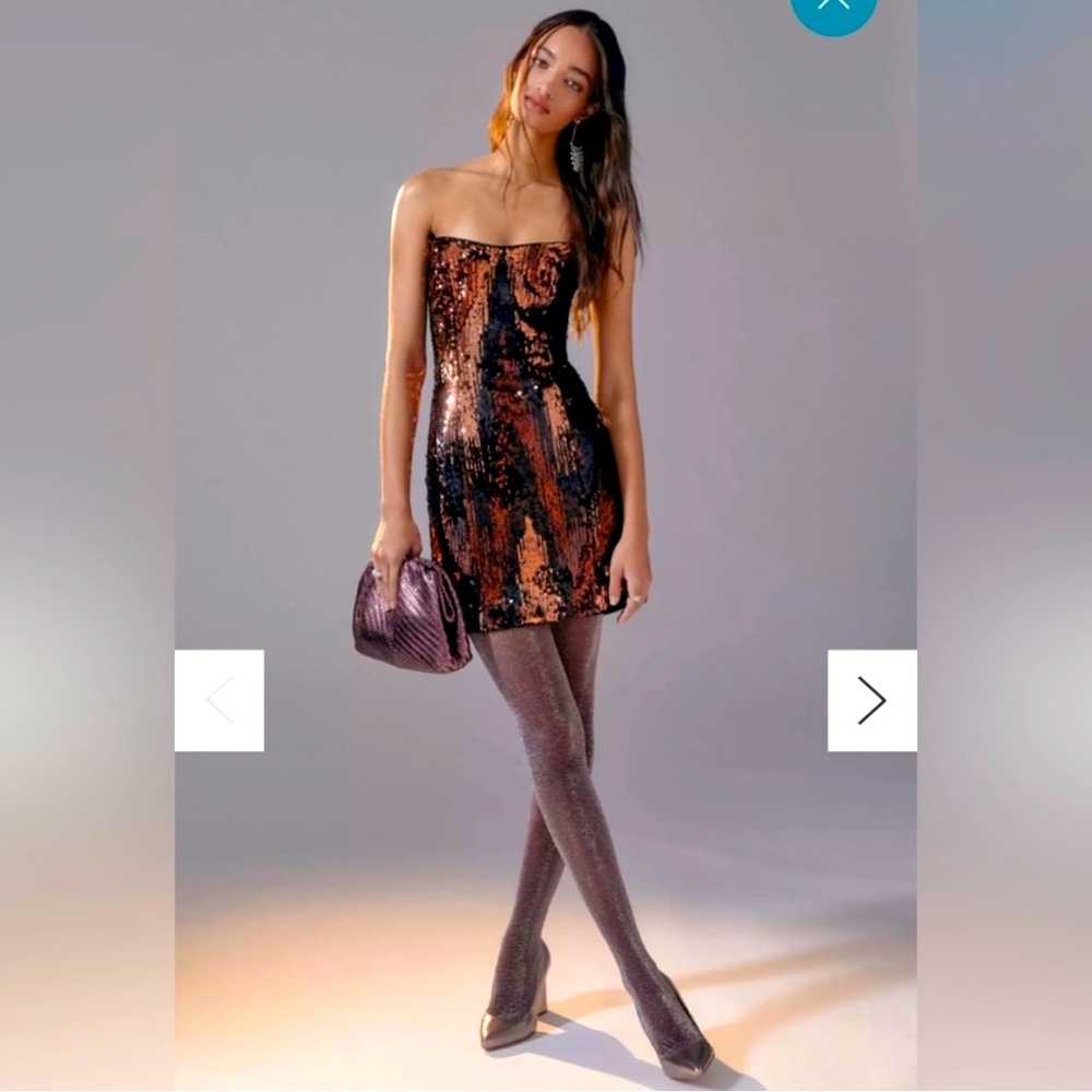 Anthropologie Strapless Sequin Mini Dress in Rose Gold, Black, & Rust Streak I 4